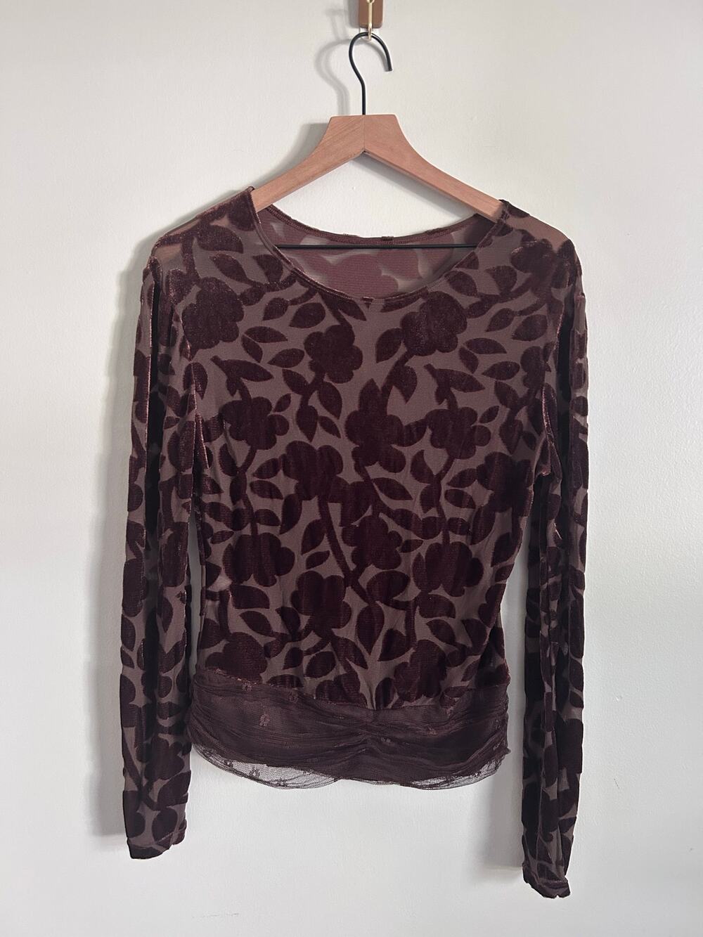 Y2K Vintage Floral Burnout Velvet Sheer Mesh Long Sleeve Top Whimsigoth